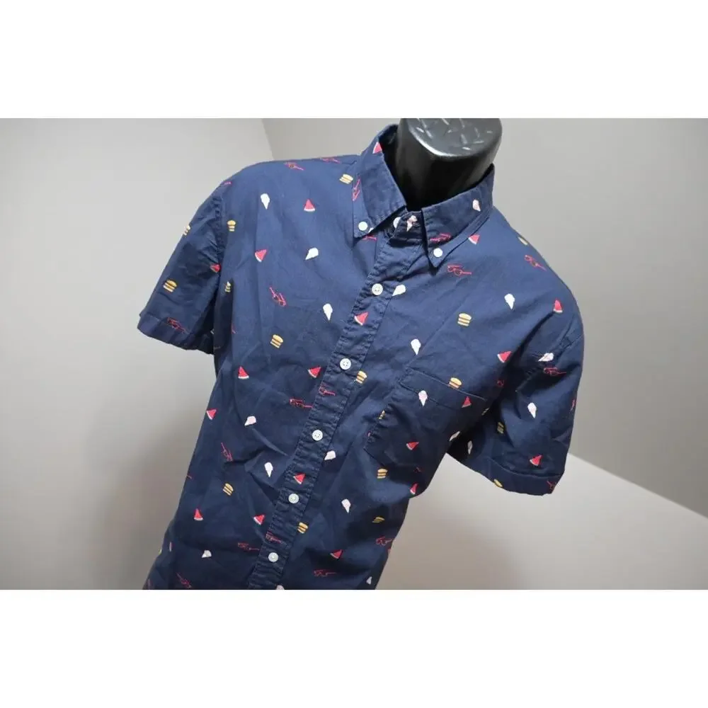 J Crew Flex Button Up Graphic Dress‎ Shirt Dark Blue Short Sleeve Mens Sz Large